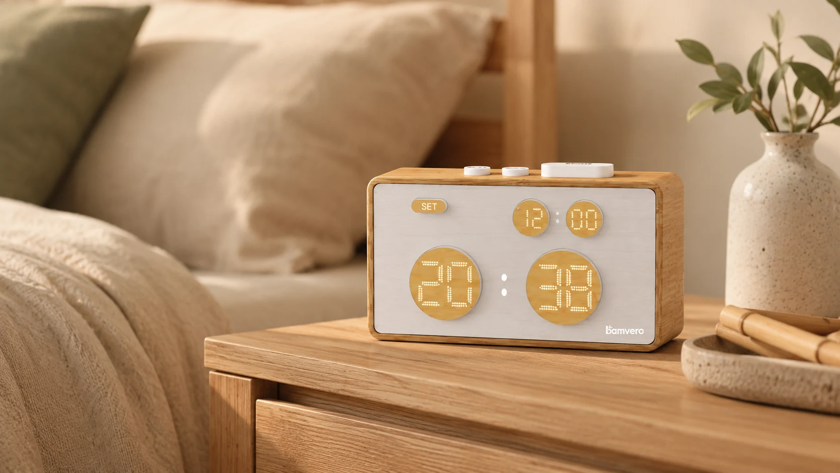 Bamboo bedside clock in a warm bedroom setting