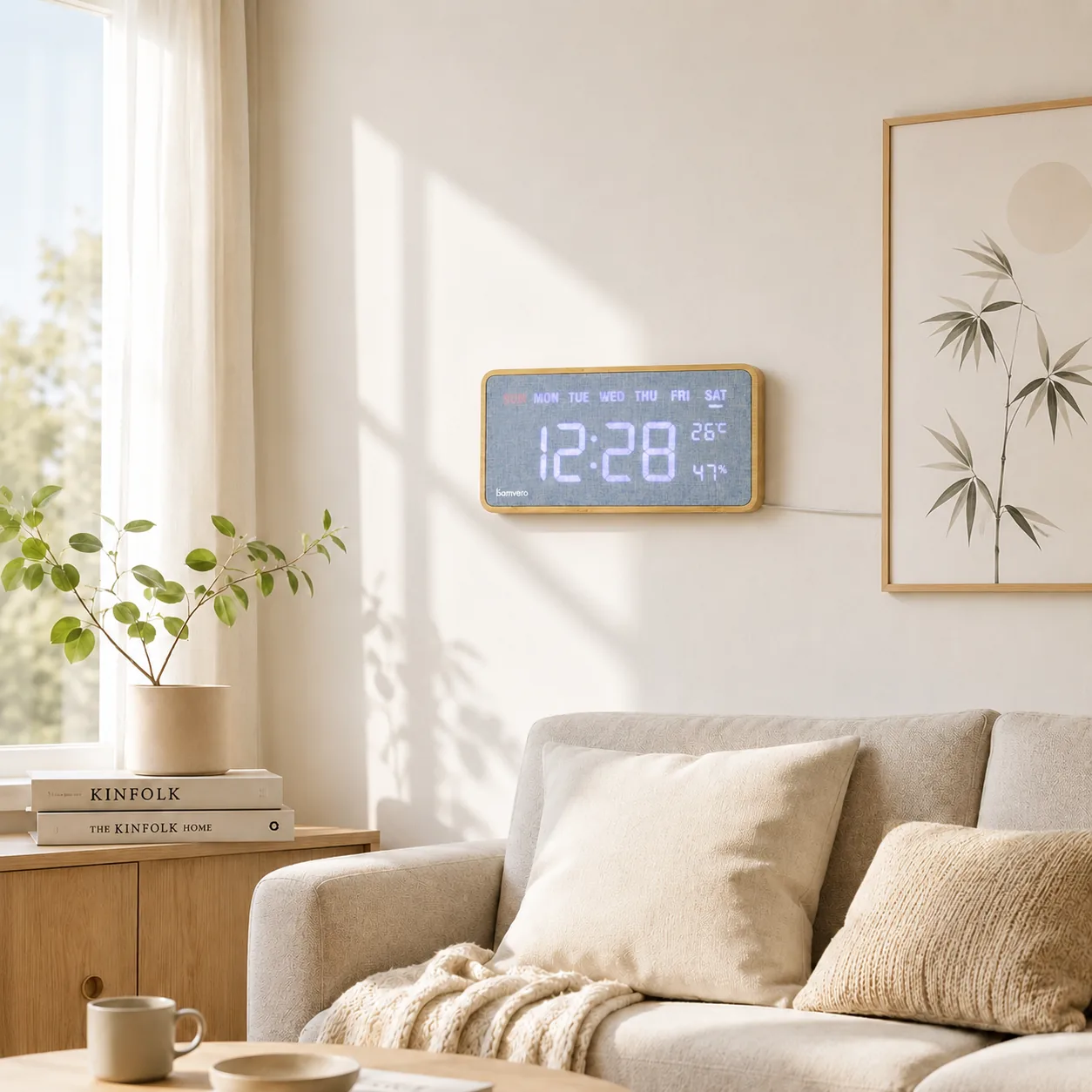 Bamboo fabric digital clock mounted on a sunny living-room wall