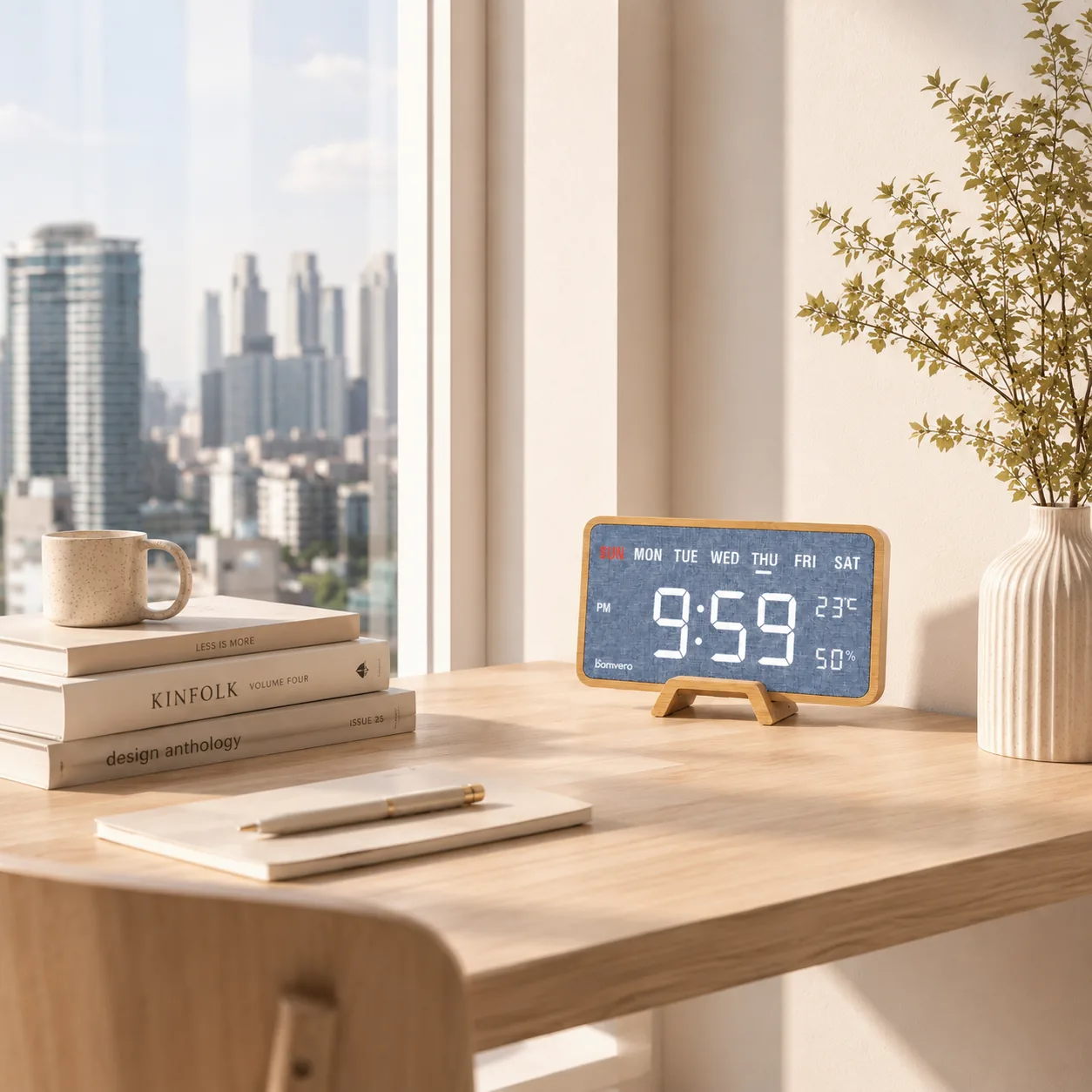 Bamboo fabric digital clock shown for wall and table display sourcing