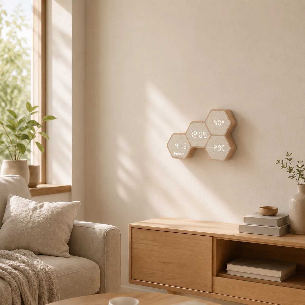 Honeycomb bamboo desk clock wall-mounted in a neutral living room