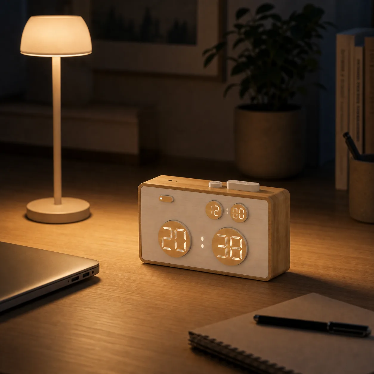 Bamboo white noise clock on a night desk with warm ambient lighting