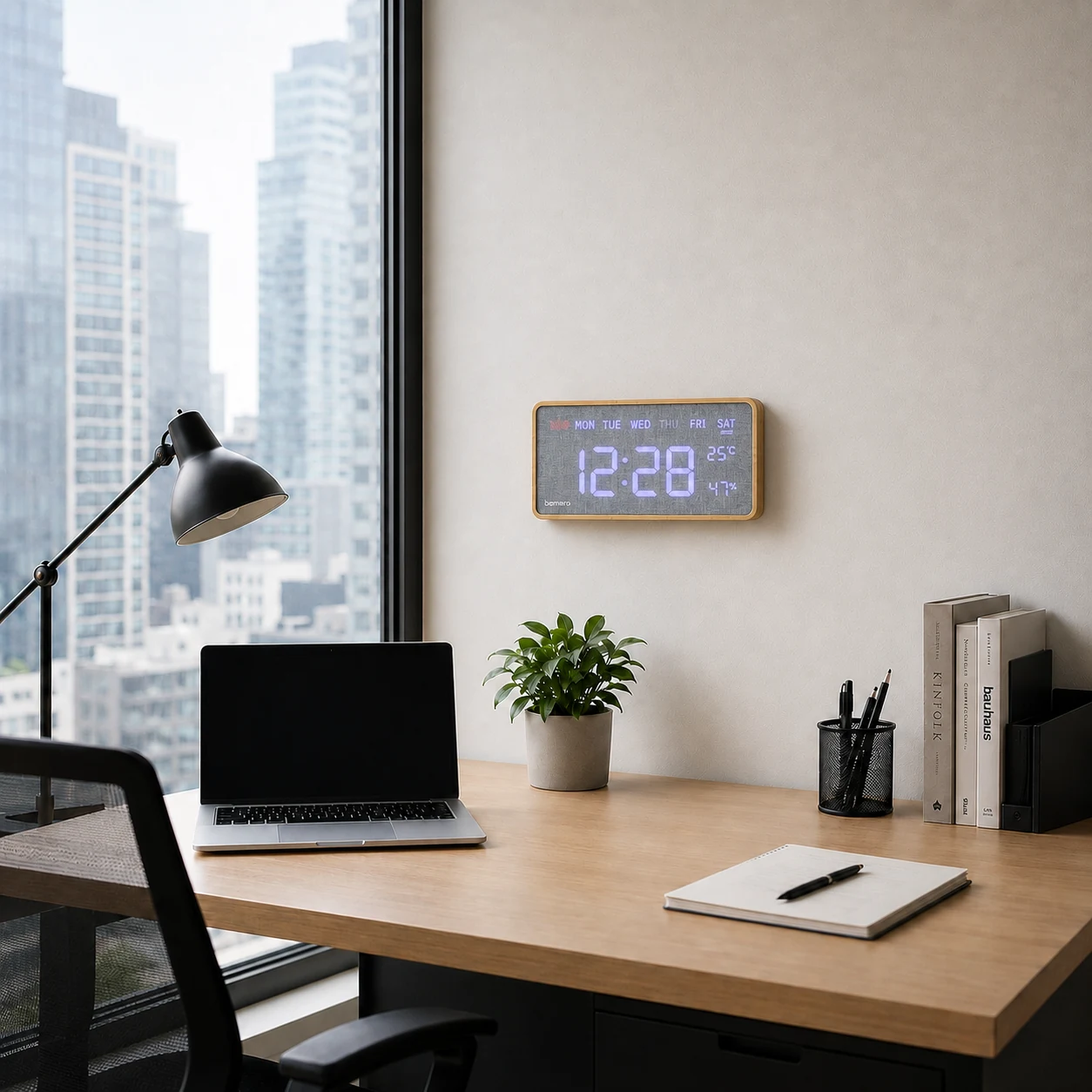 G290 bamboo digital clock mounted on a wall in a modern office for B2B interior and hospitality programs
