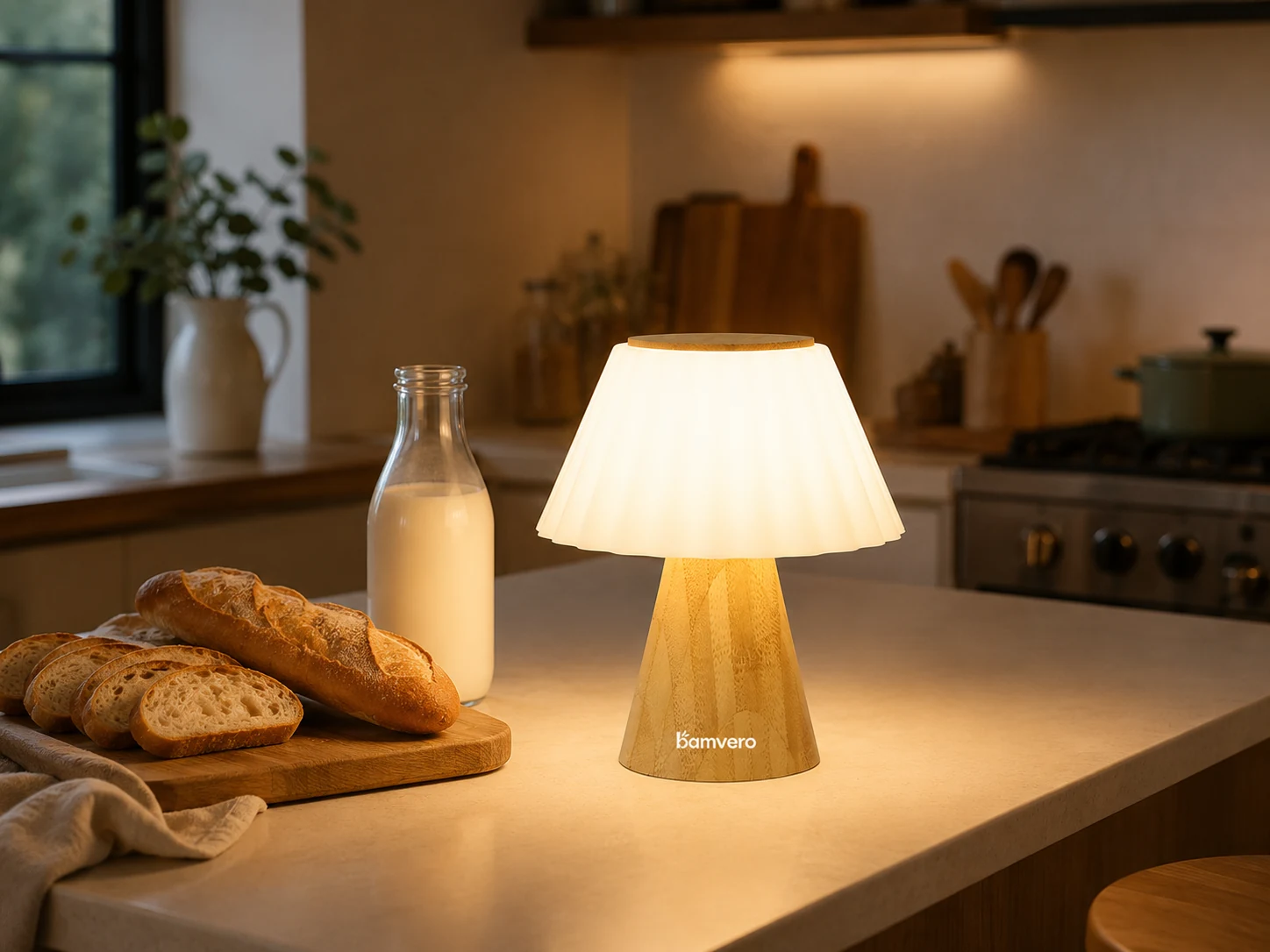 T2631 bamboo mushroom lamp displayed in a warm kitchen scene