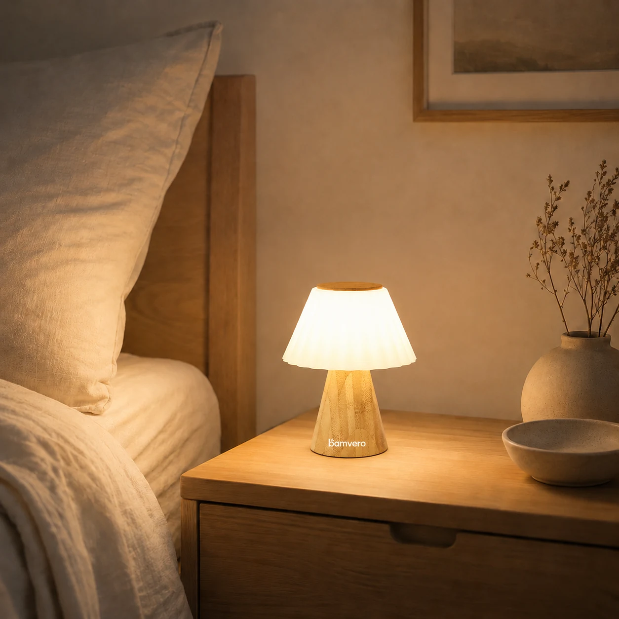 T2631 bamboo mushroom lamp shown on a bedside table for hospitality and night-light programs
