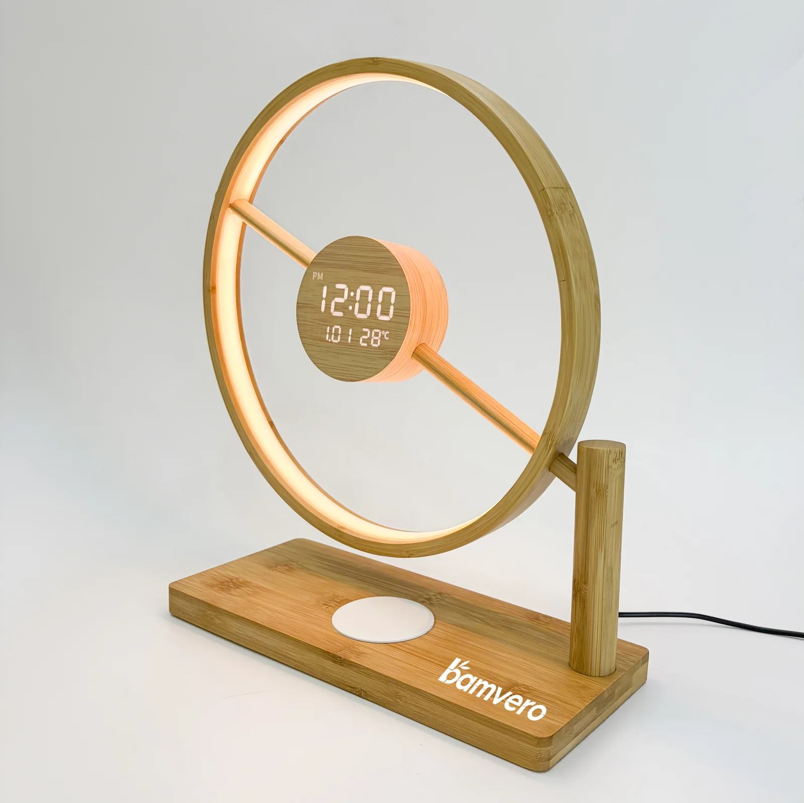 Round bamboo halo clock lamp illuminated