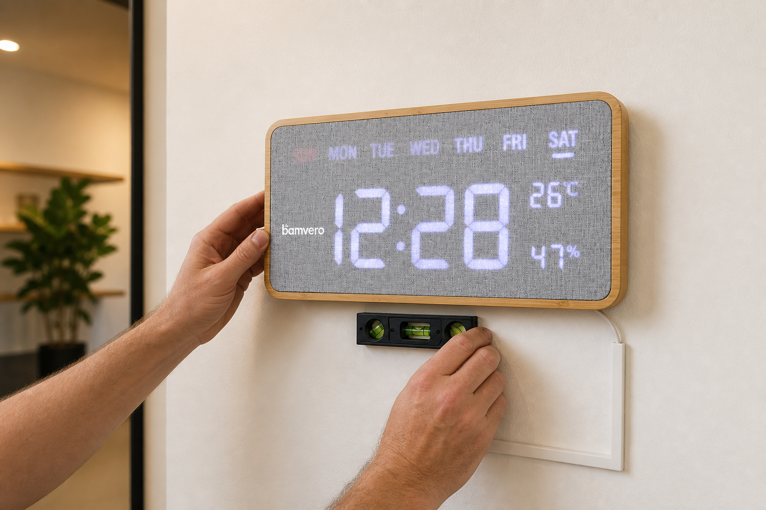 Installer checking a G290 rectangular bamboo fabric wall clock and cable route on a finished wall