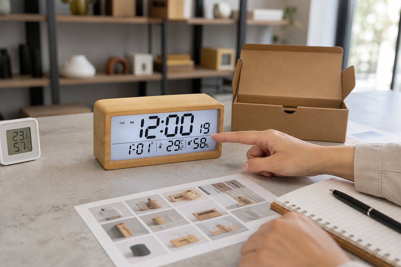 Distributor checking the LCD display of a 1906 bamboo humidity clock beside a reference meter and retail carton