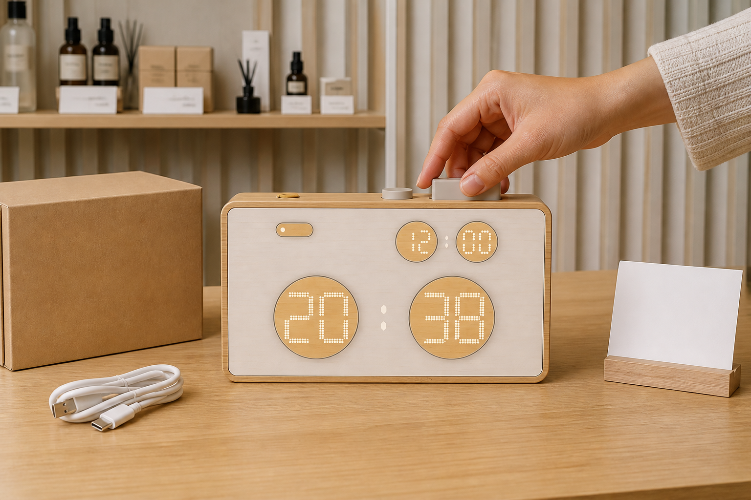 Retail buyer testing a top control on the 1916 bamboo natural sound alarm clock beside a USB-C cable and blank store card