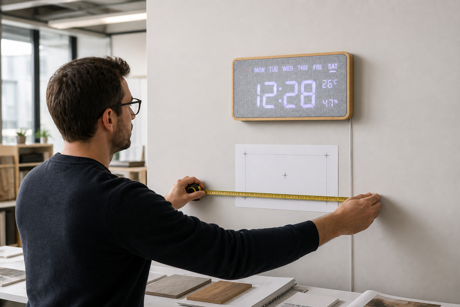 Facilities buyer measuring placement below a mounted G290 rectangular bamboo fabric wall clock in a modern studio
