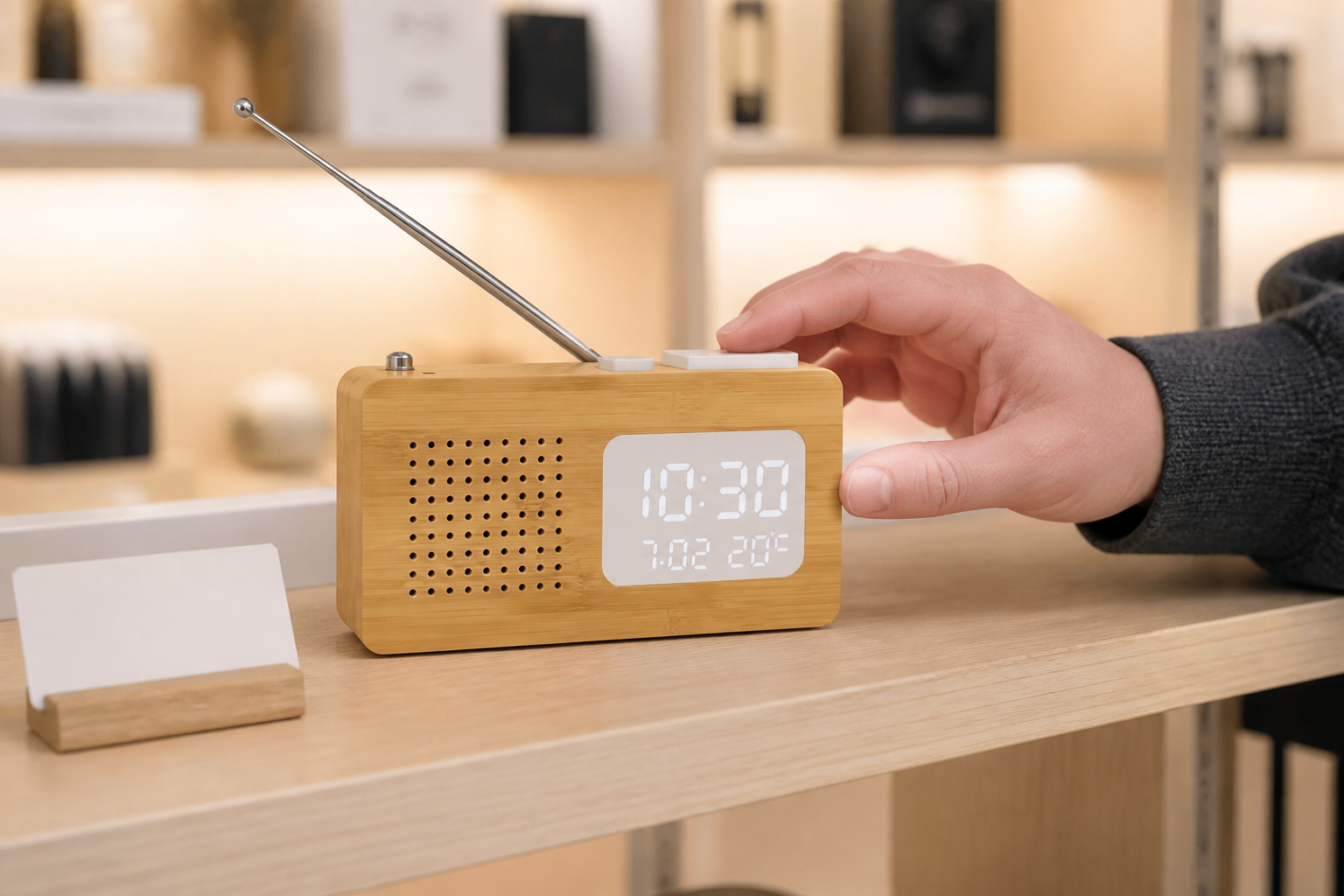 Retail buyer testing the top controls of one 2605 bamboo FM radio alarm clock with its antenna extended