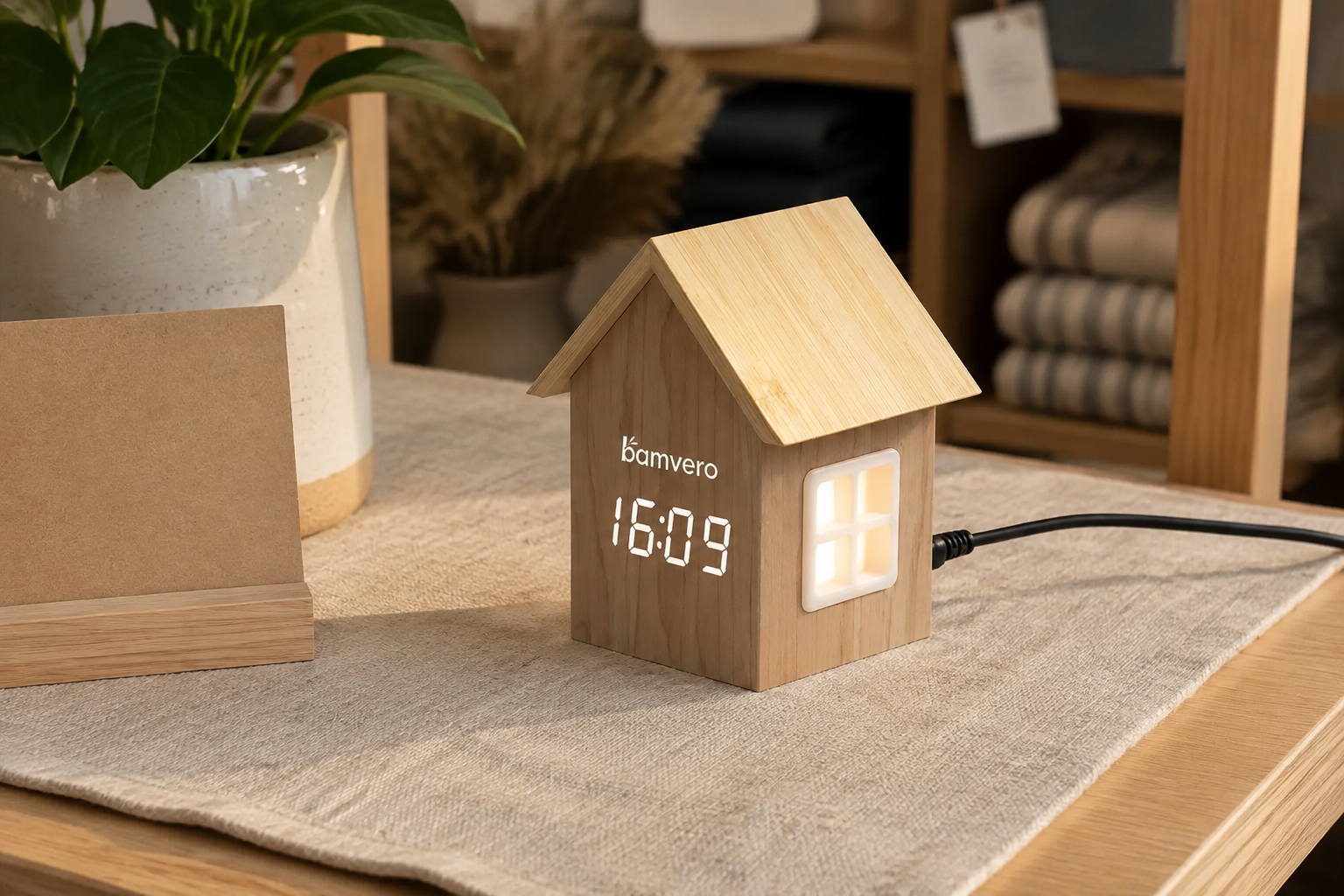 One illuminated F003 bamboo house clock arranged on a natural home-decor retail shelf