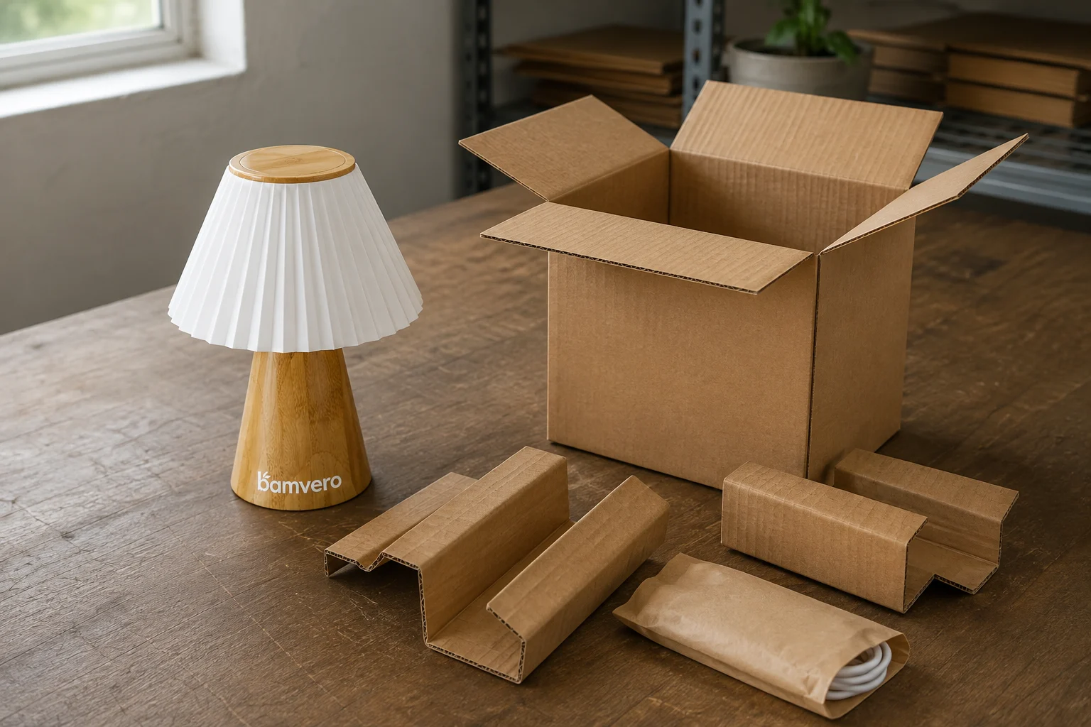 Illustrative T2631 pleated table lamp beside an open shipping carton and separate protective materials