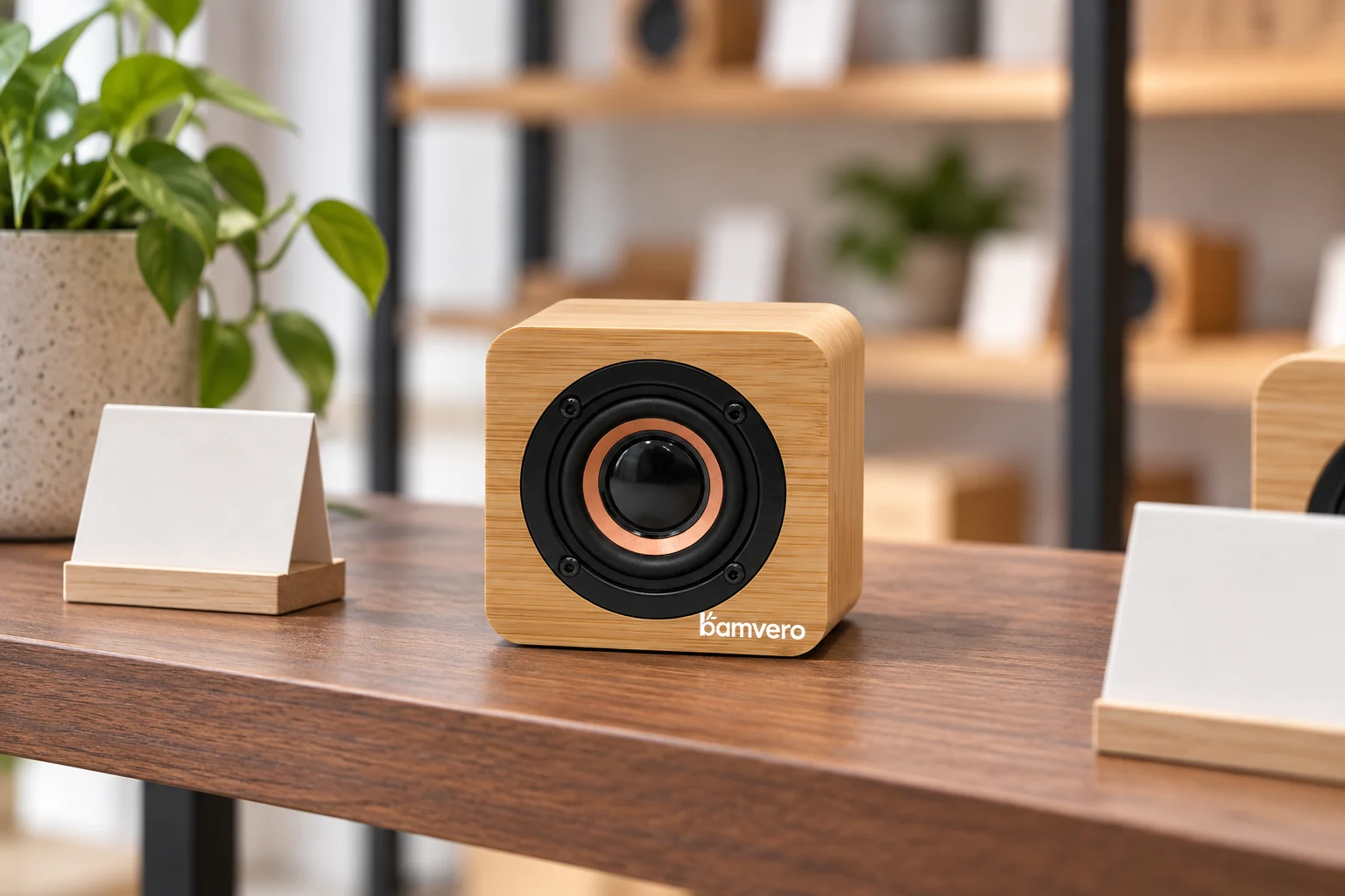 Y103N-style compact bamboo speaker on a retail shelf with blank selection cards, AI concept