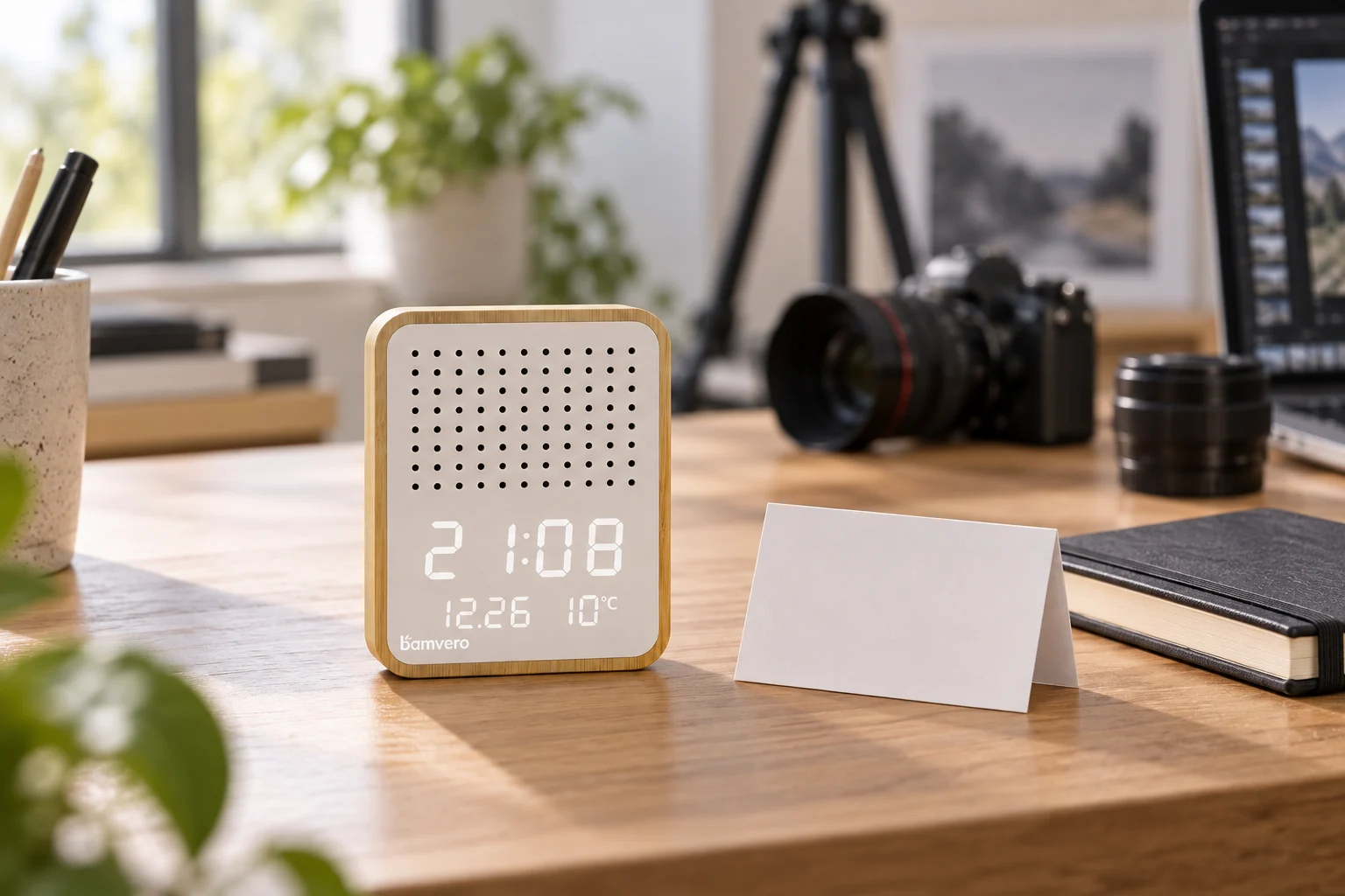 Y130-2-style speaker clock beside a blank identification card on a photography desk, AI concept