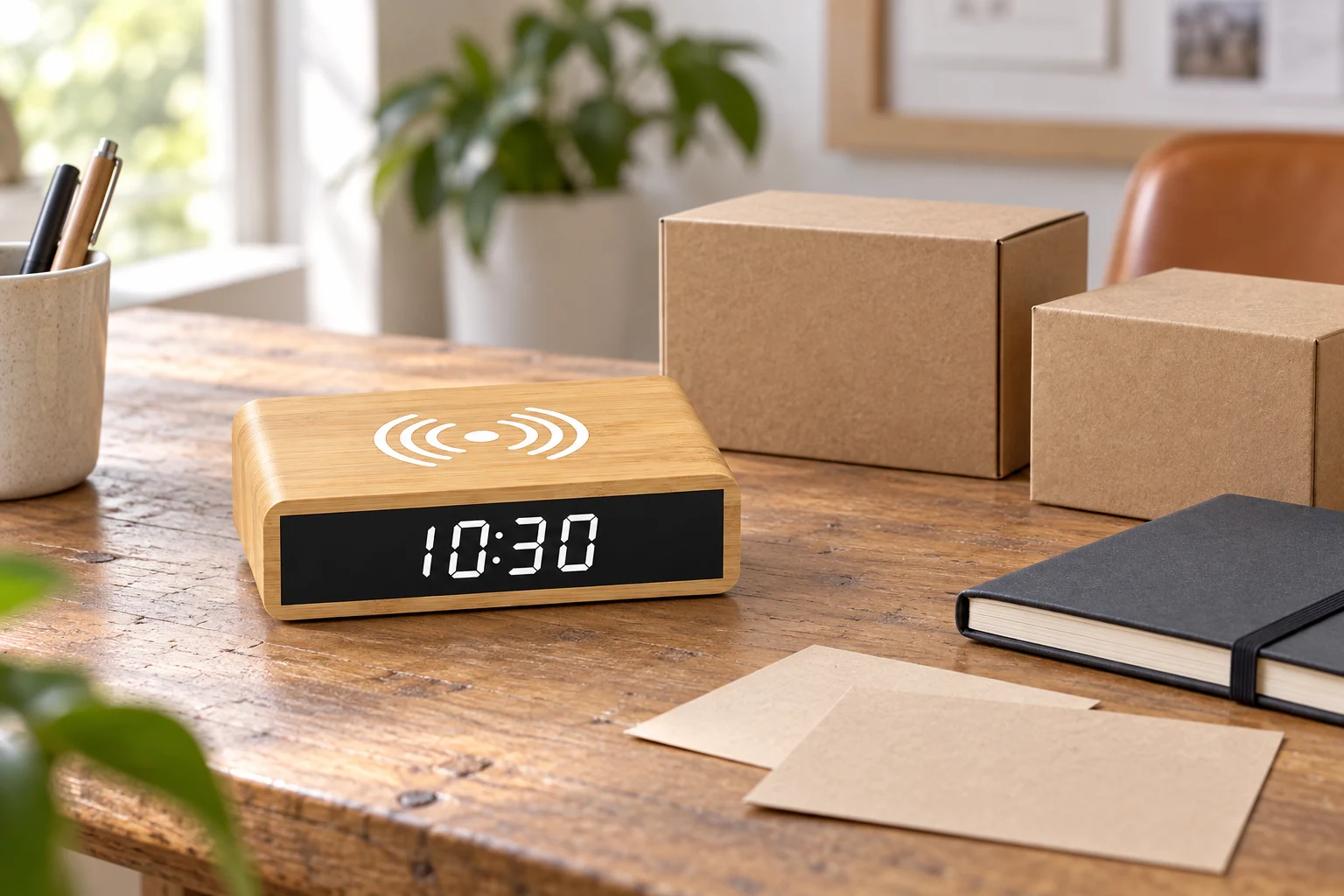 Bamboo charging clock beside blank sample boxes and planning cards, AI concept