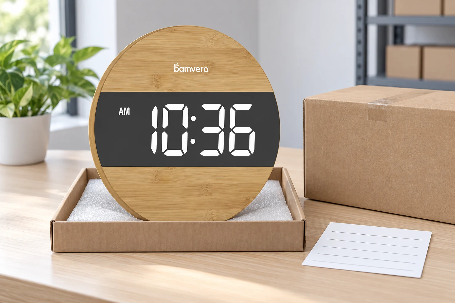 G218D-style round bamboo wall clock in a padded receiving tray beside an intake card, AI concept