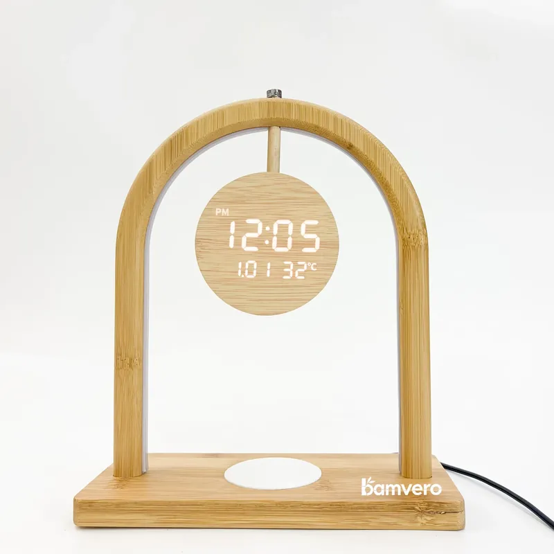 Arch bamboo LED clock lamp with warm light and charging base