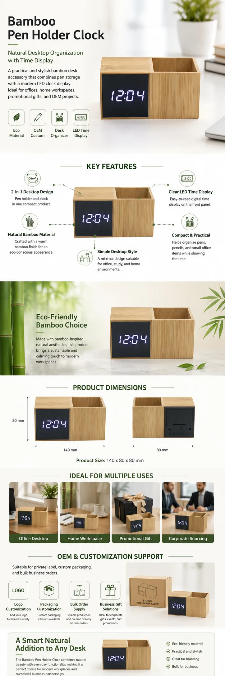 1293Z Bamboo Pen Holder Clock detail page with product specifications and OEM notes