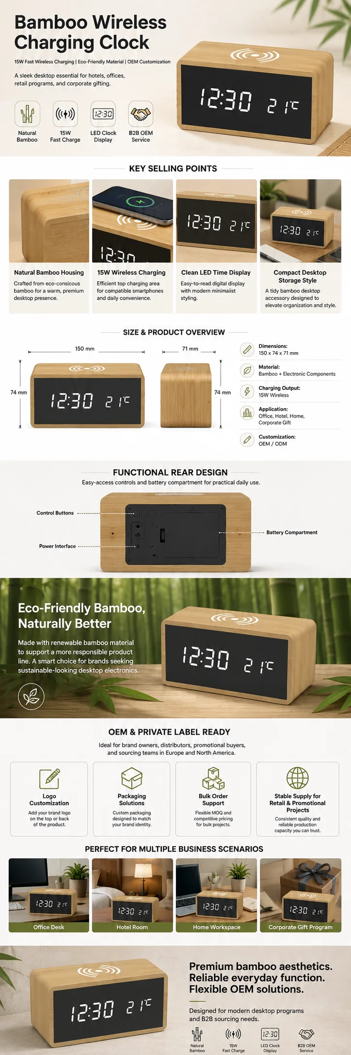 1299 Bamboo Wireless Charging Clock OEM detail page with features and product specifications