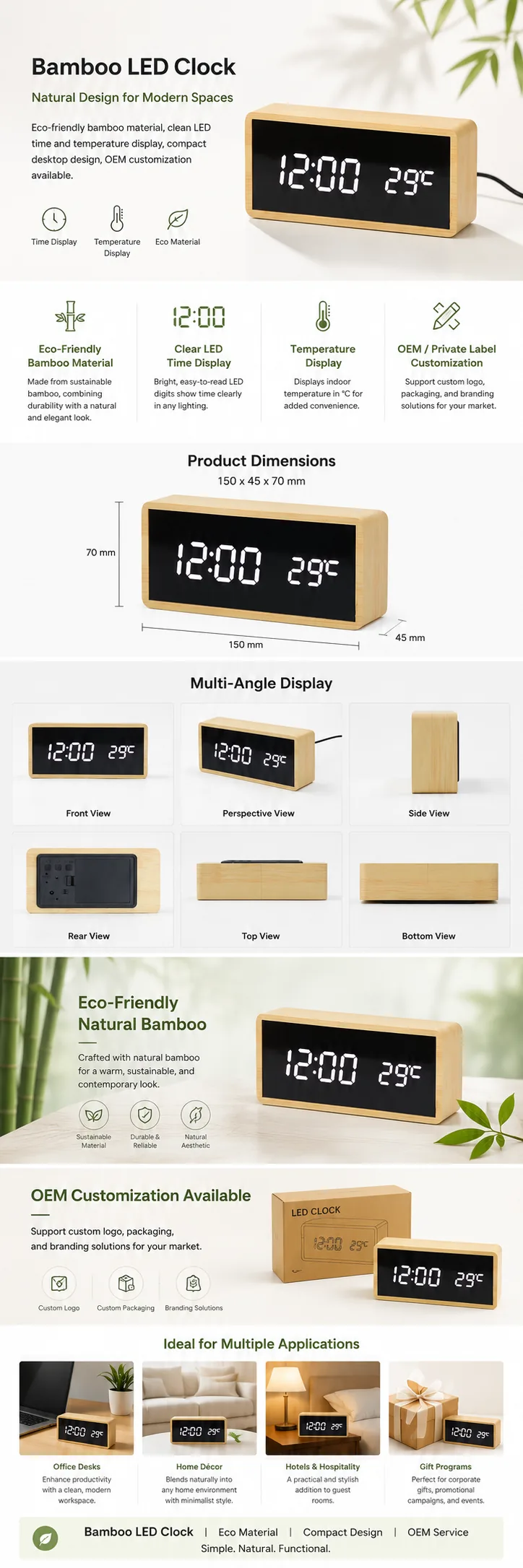 1299 Basic Bamboo LED Temperature Clock detail page with product specifications and OEM notes