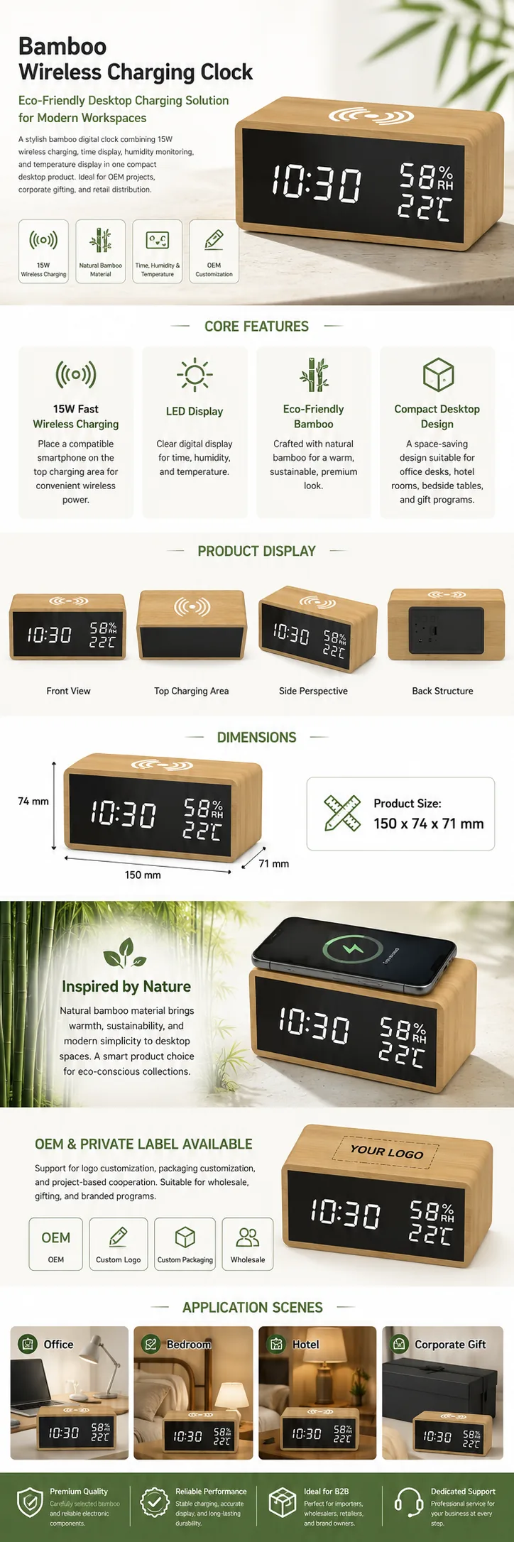 1502 Bamboo Wireless Charging Clock OEM detail page with features and product specifications