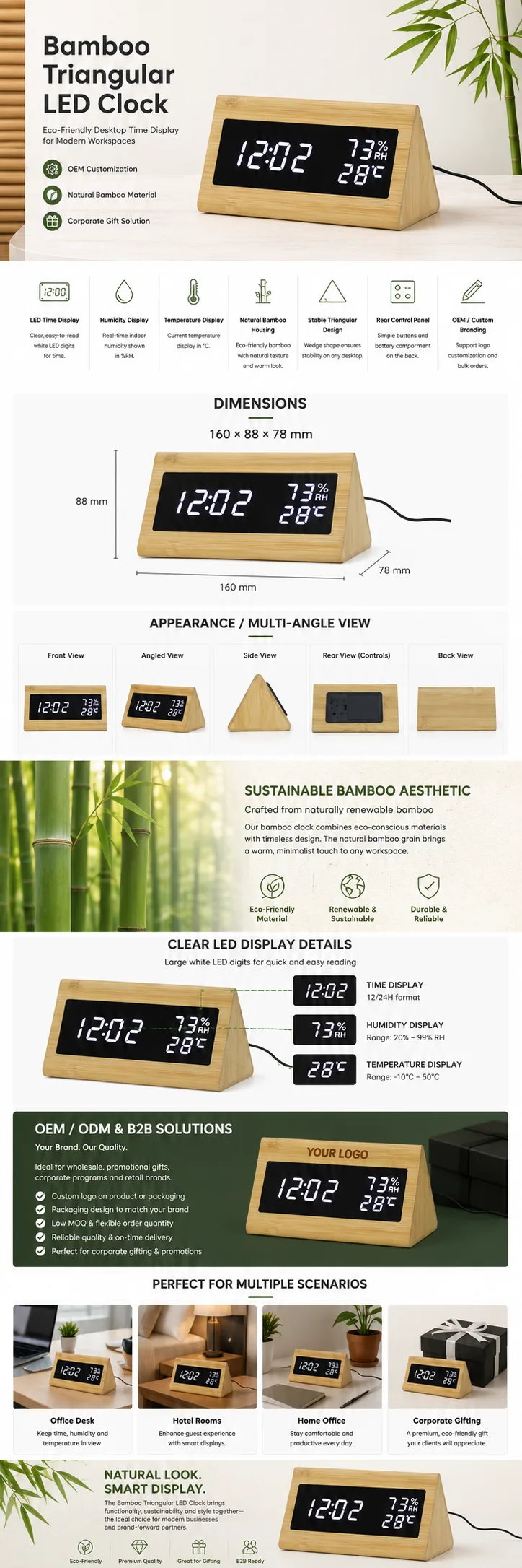 1502 Bamboo Triangular LED Clock detail page with product specifications and OEM notes