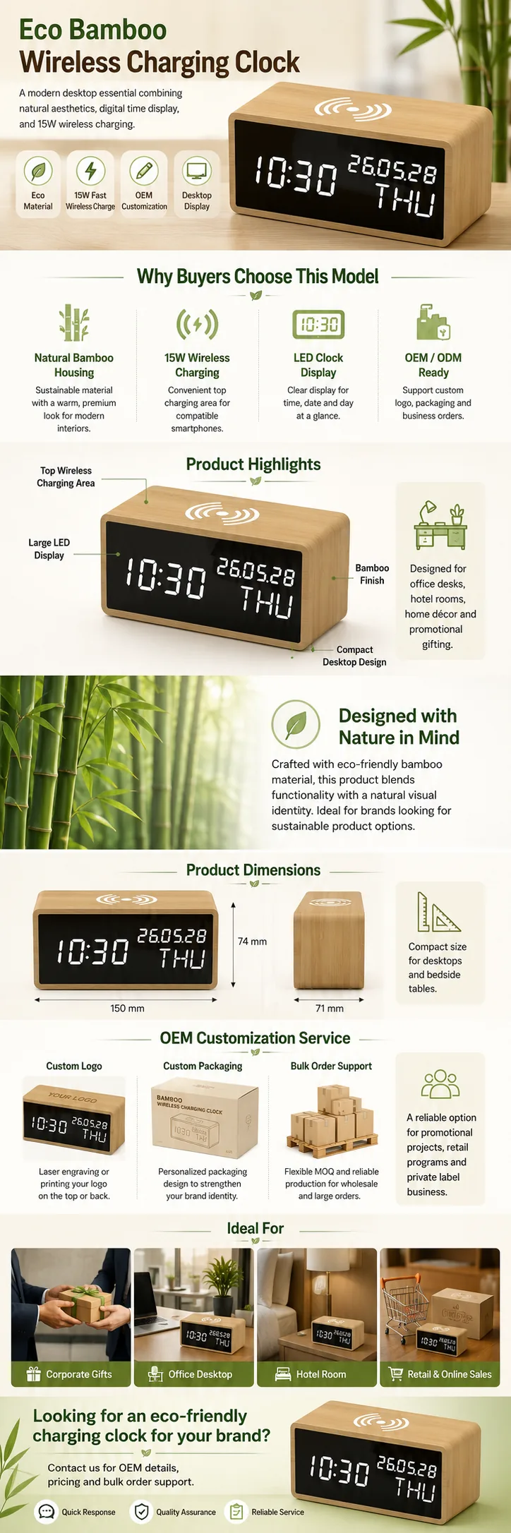 1609 Eco Bamboo Wireless Charging Clock OEM detail page with features and product specifications