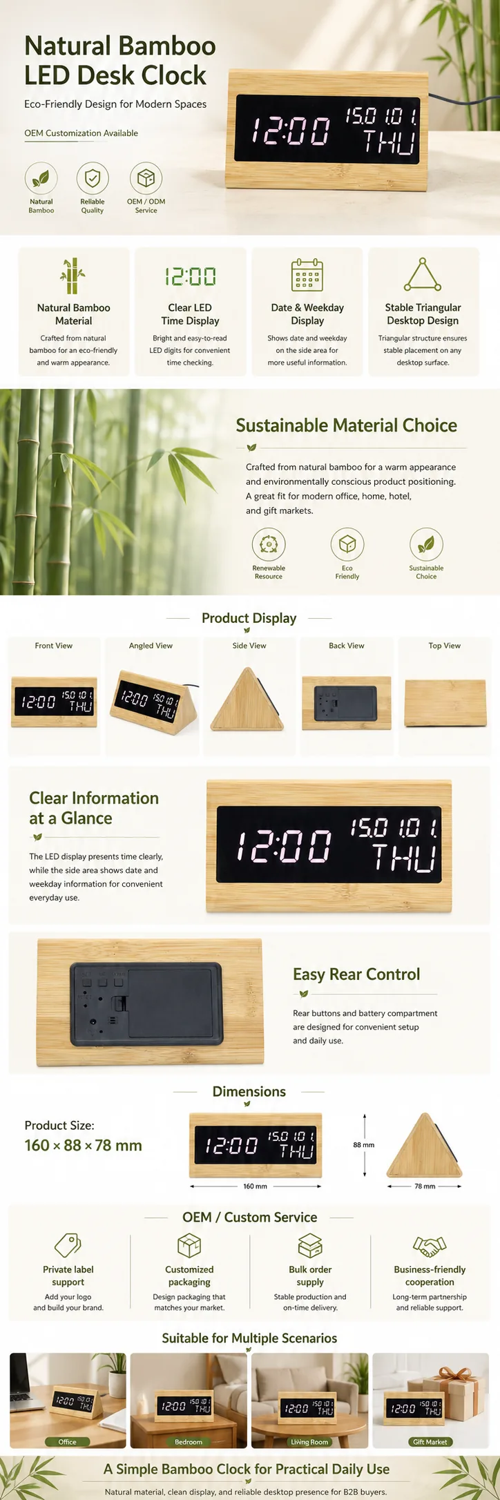 1609 Triangle Bamboo LED Desk Clock detail page with product specifications and OEM notes