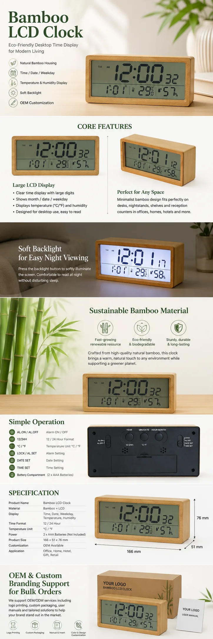 1906 Bamboo LCD Humidity Clock detail page with product specifications and OEM notes
