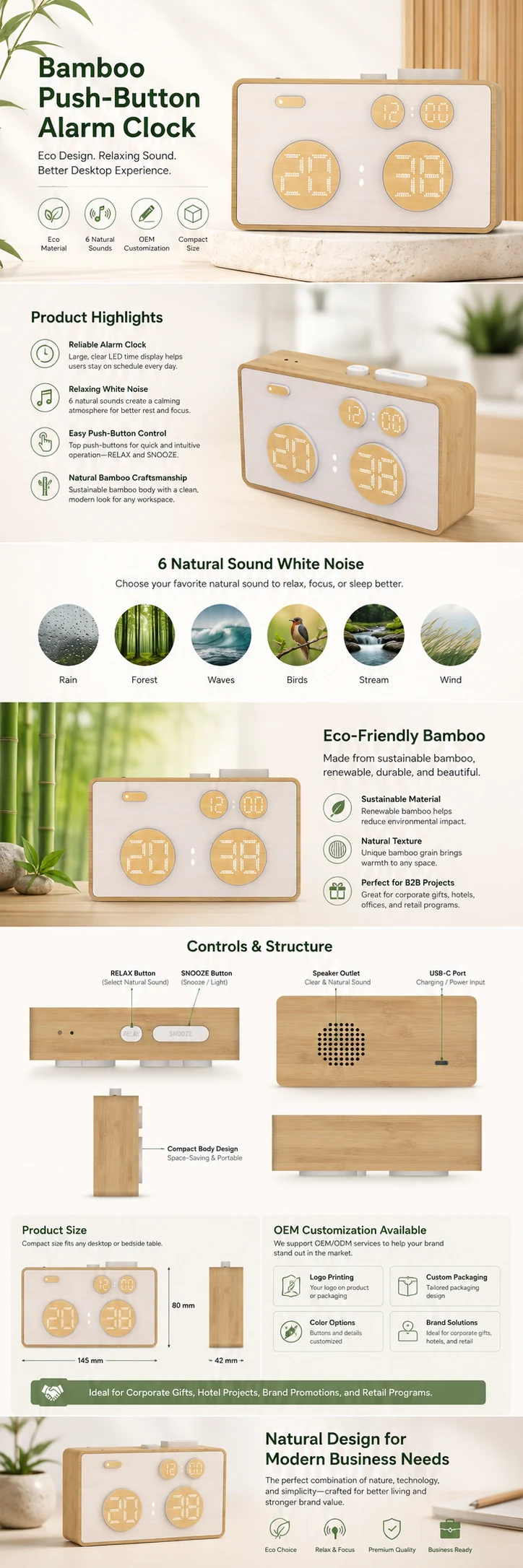 1916 Bamboo Push-Button Alarm Clock detail page with product specifications and OEM notes