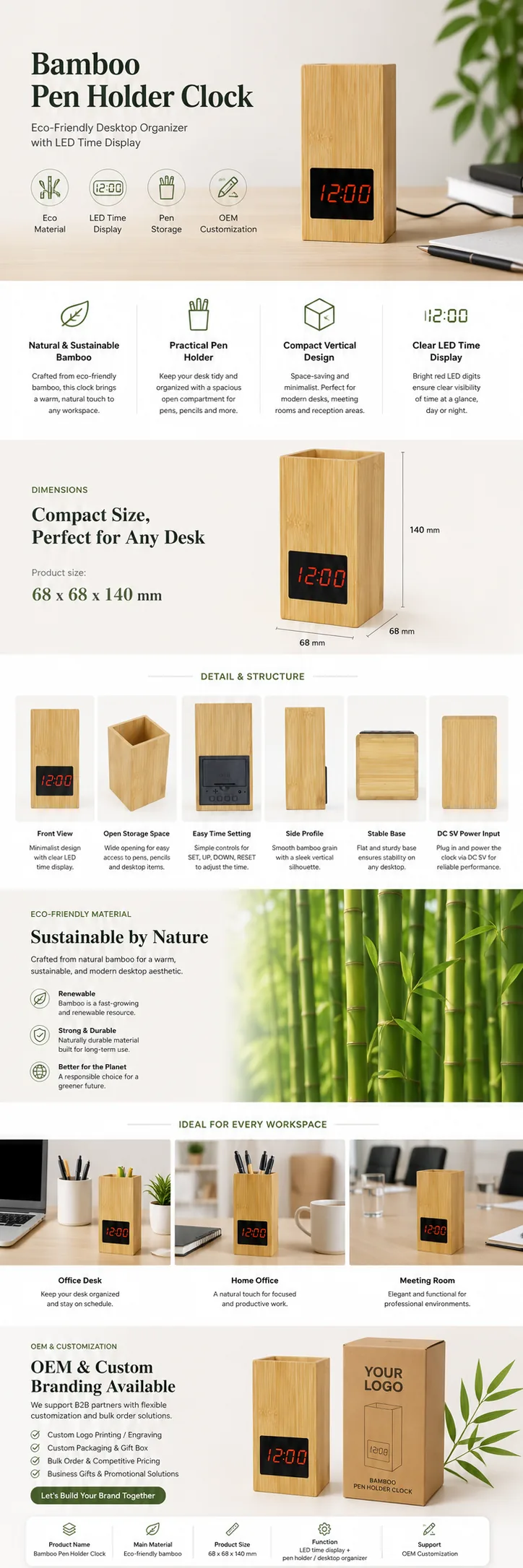 2020S Bamboo Vertical Pen Holder Clock detail page with product specifications and OEM notes
