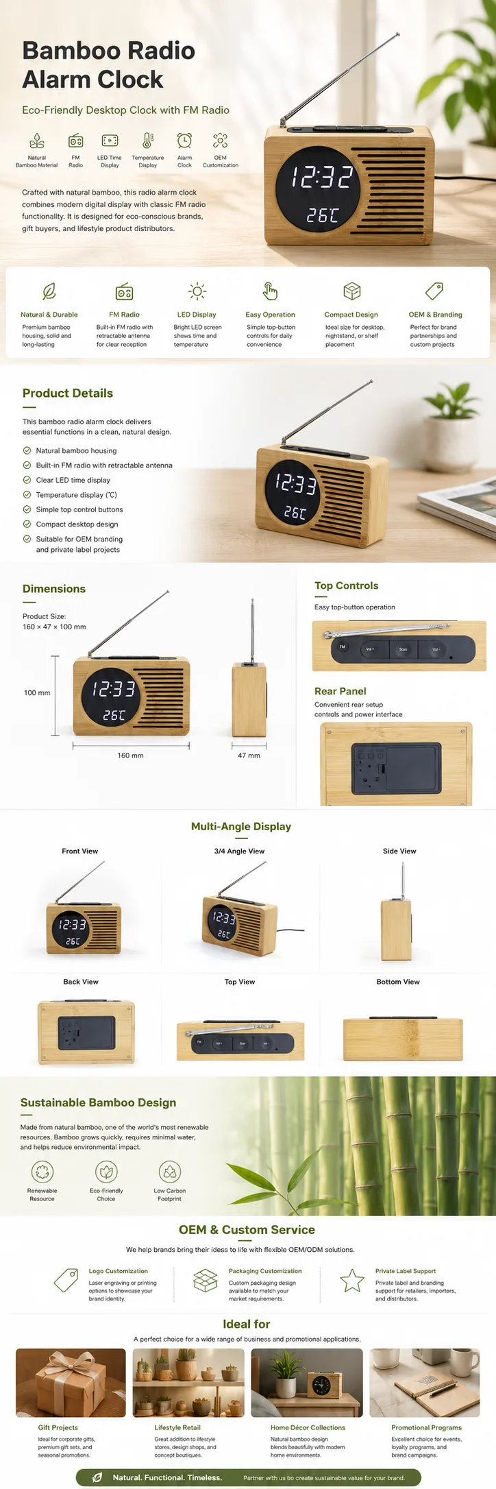 2602 Bamboo Radio Alarm Clock detail page with product specifications and OEM notes