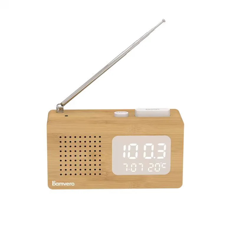Bamboo FM radio alarm clock with antenna extended for sample review