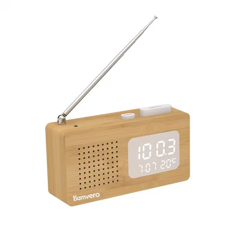 Compact bamboo radio alarm clock from an alternate product angle