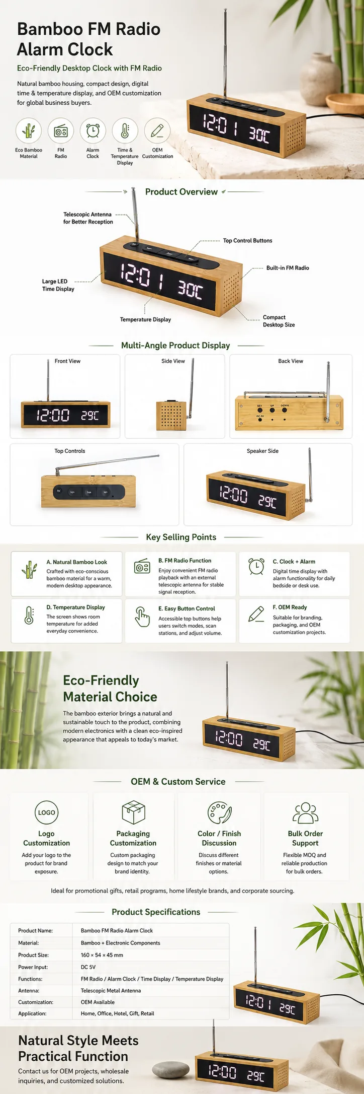 2609B Bamboo FM Radio Alarm Clock detail page with product specifications and OEM notes