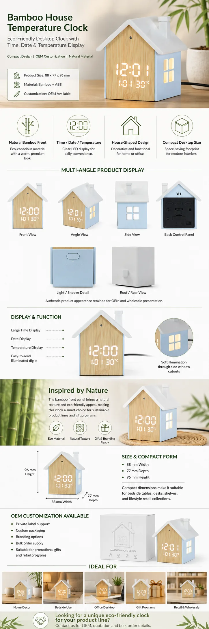 3012F Bamboo House Temperature Clock detail page with product specifications and OEM notes