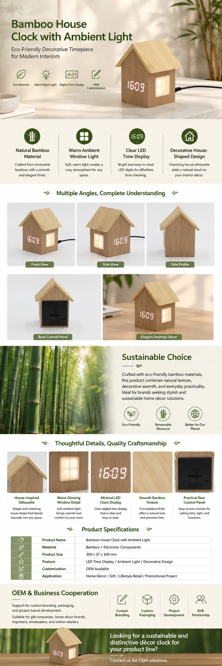 F003 Bamboo House Clock with Ambient Light detail page with product specifications and OEM notes
