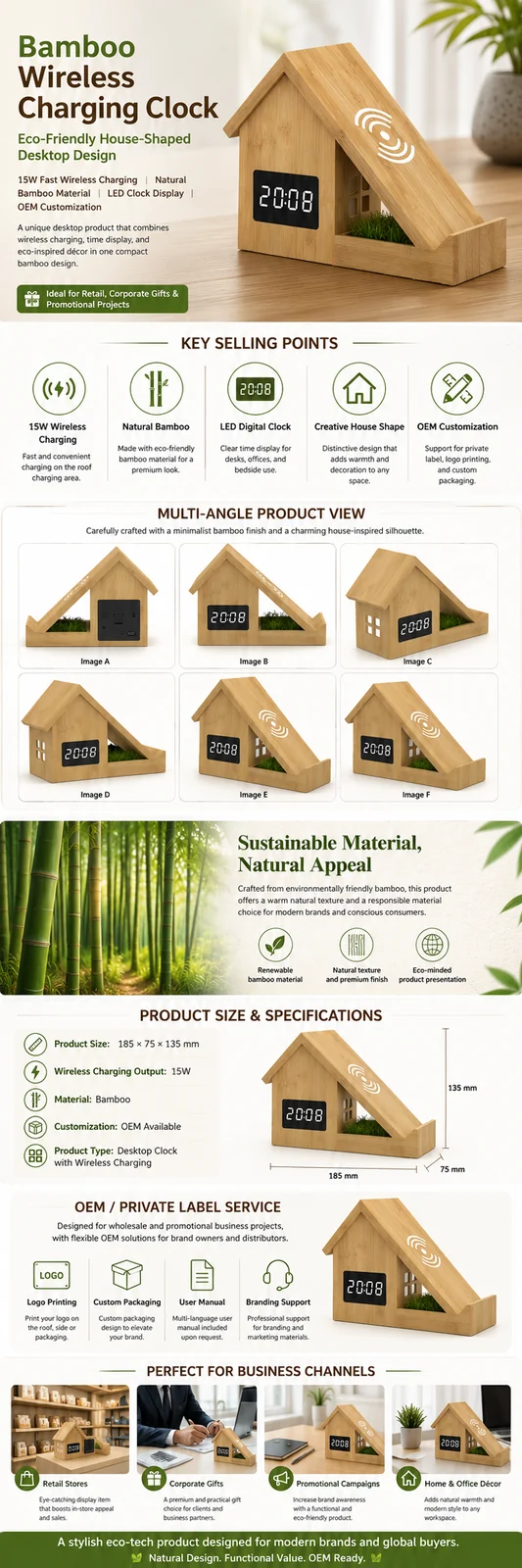F011 Bamboo House Wireless Charging Clock OEM detail page with features and product specifications
