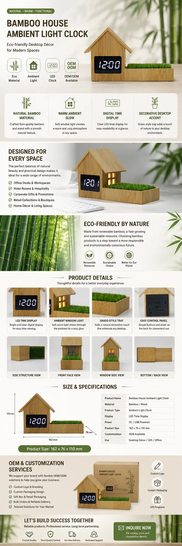 F101 Bamboo House Ambient Light Clock detail page with product specifications and OEM notes