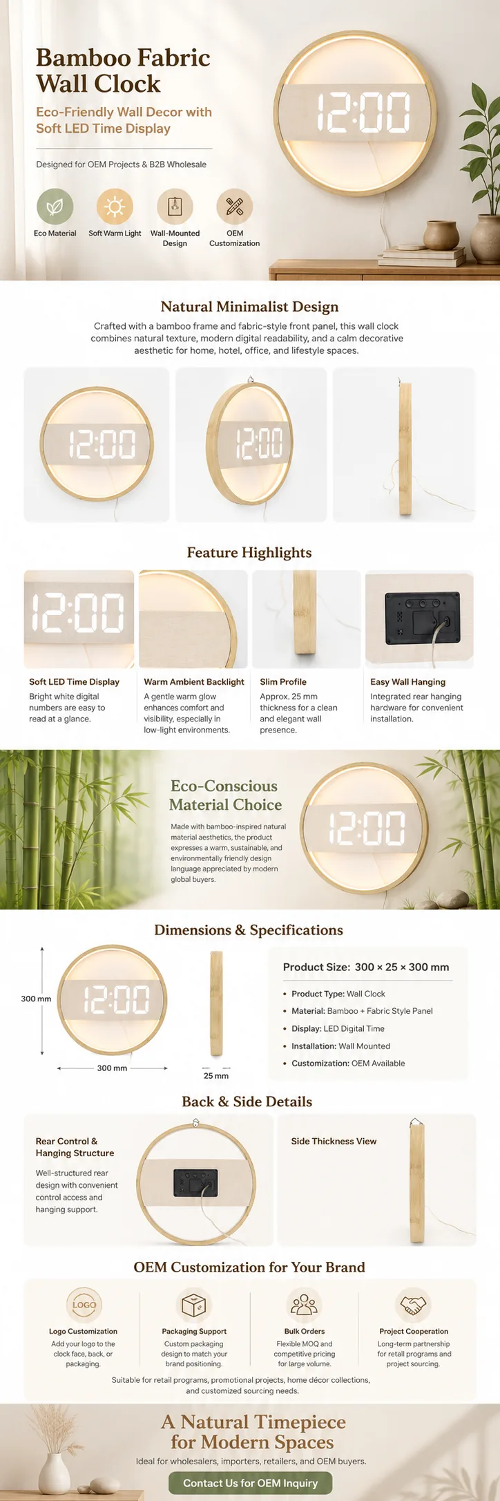 G218A Bamboo Fabric Wall Clock detail page with product specifications and OEM notes