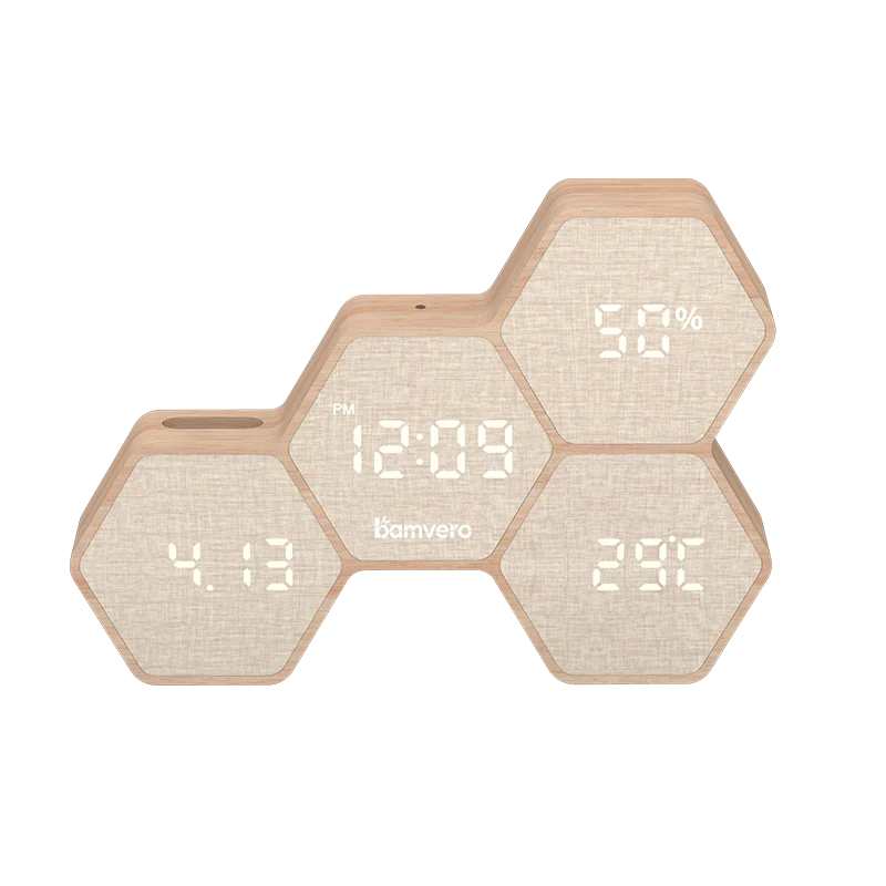 G268 Bamboo Geometric LED Clock product view for B2B sourcing