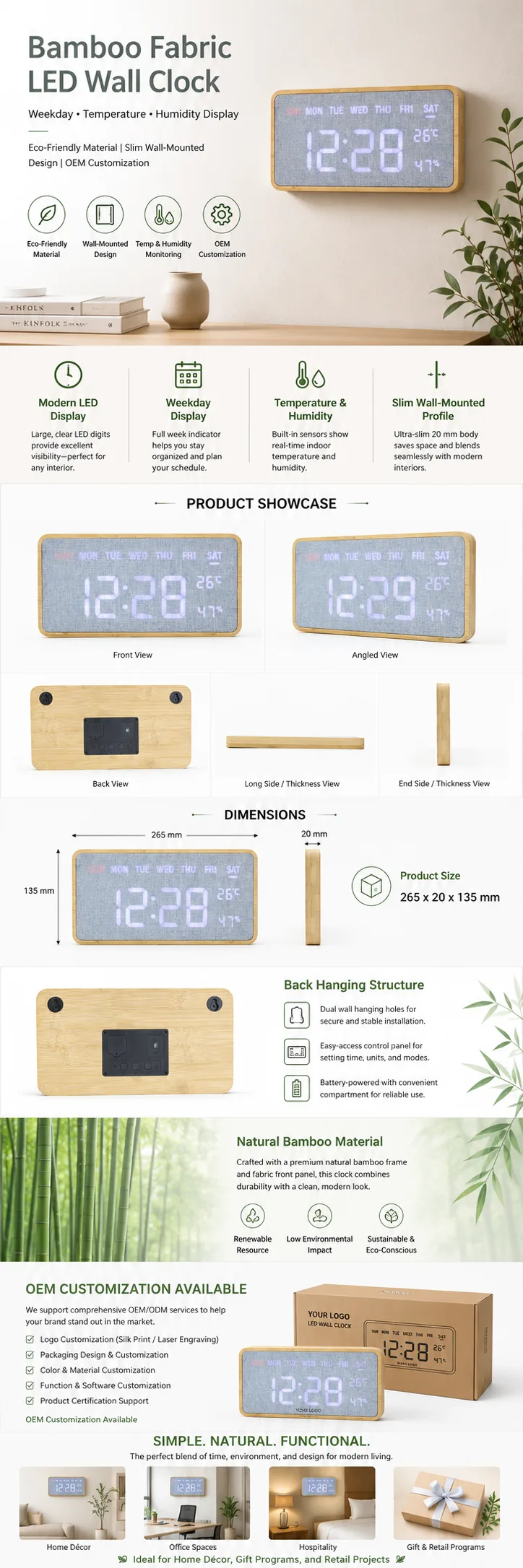 G290 Rectangular Bamboo Fabric Wall Clock detail page with product specifications and OEM notes