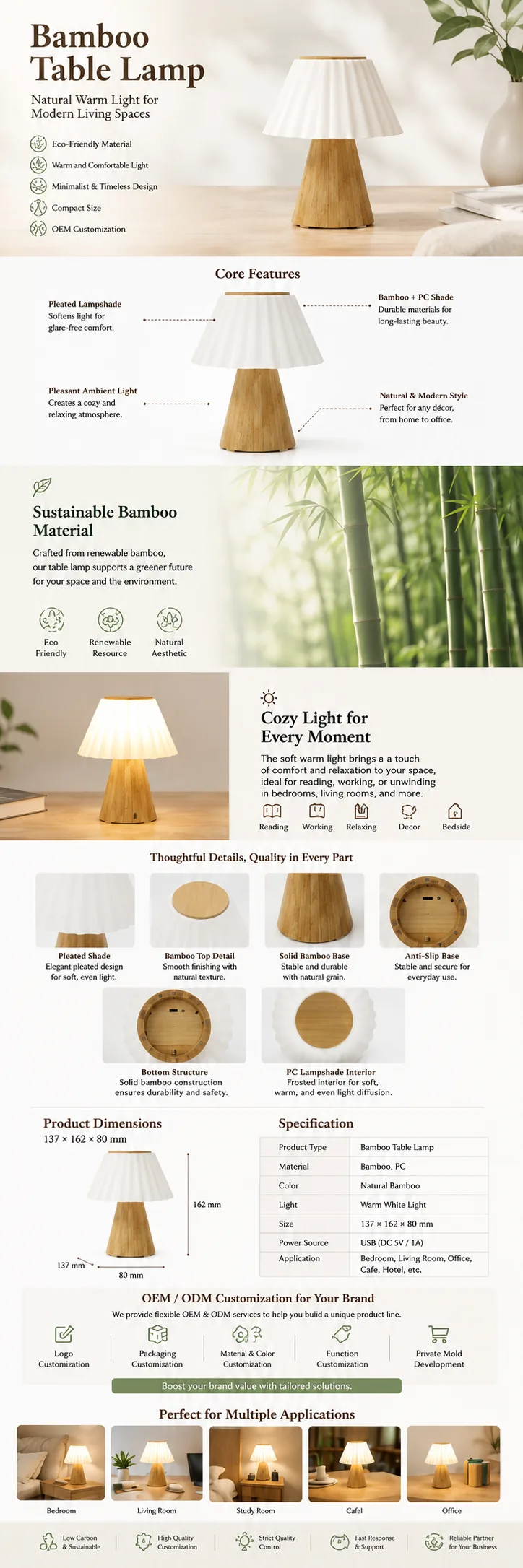 T2631 Bamboo Pleated Table Lamp detail page with product specifications and OEM notes