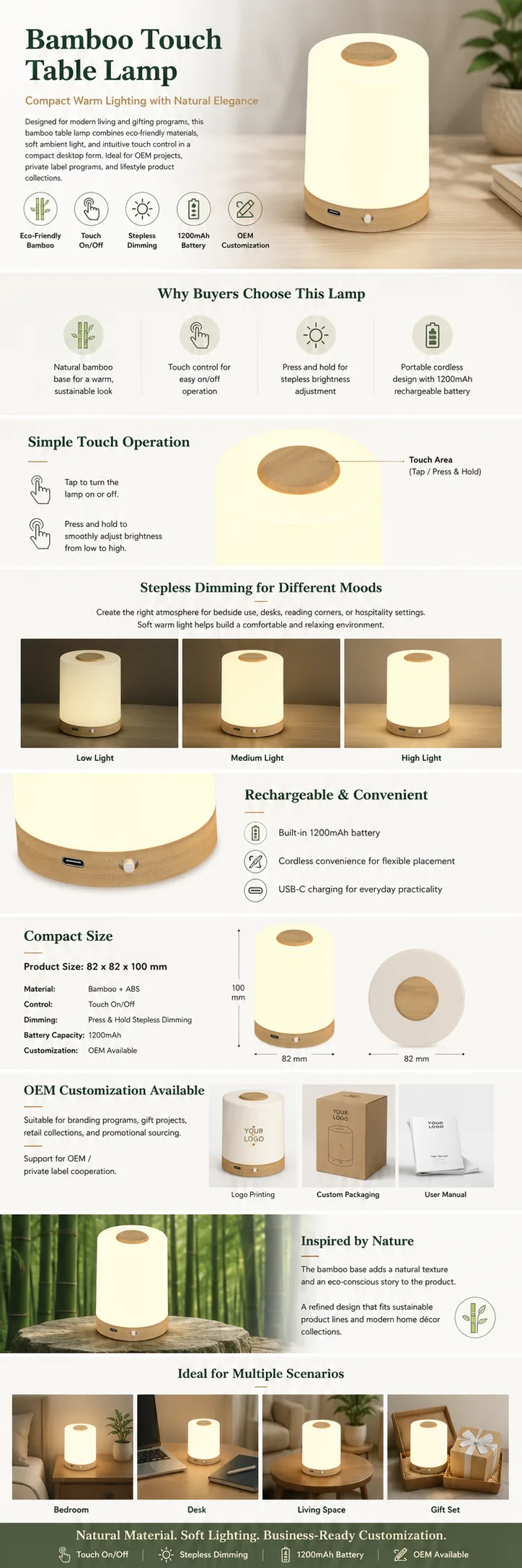 T2633 Bamboo Touch Table Lamp detail page with product specifications and OEM notes