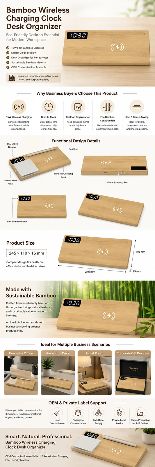 W110A Bamboo Wireless Charging Clock Desk Organizer OEM detail page with features and product specifications