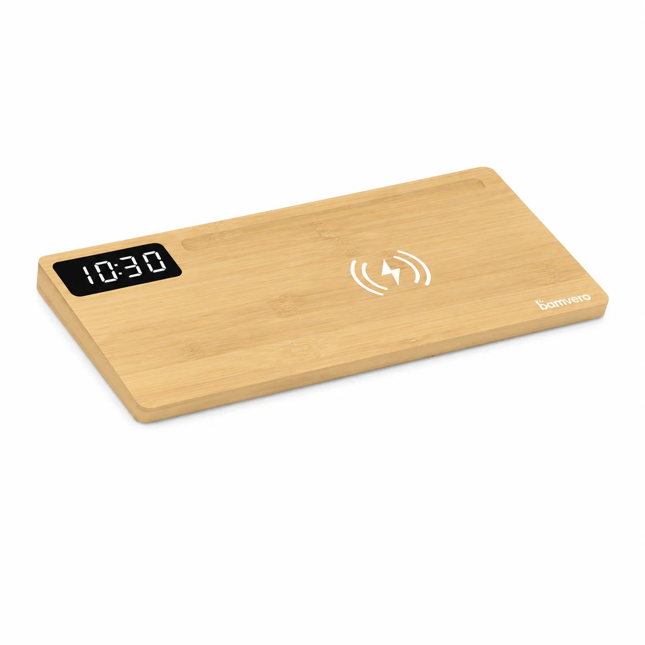 W110A Bamboo Wireless Charging Clock Desk Organizer product view 3