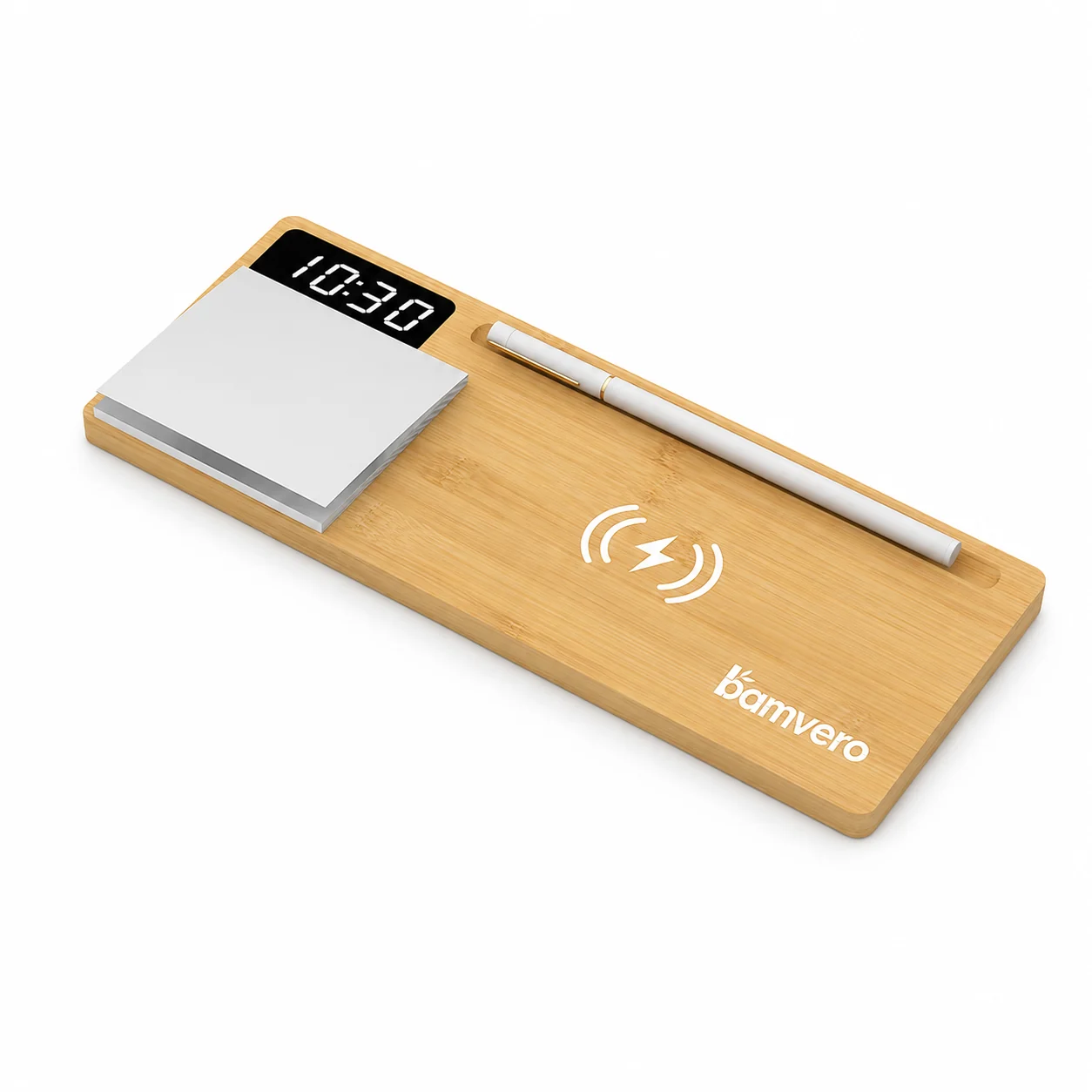 W110A Bamboo Wireless Charging Clock Desk Organizer product view 4