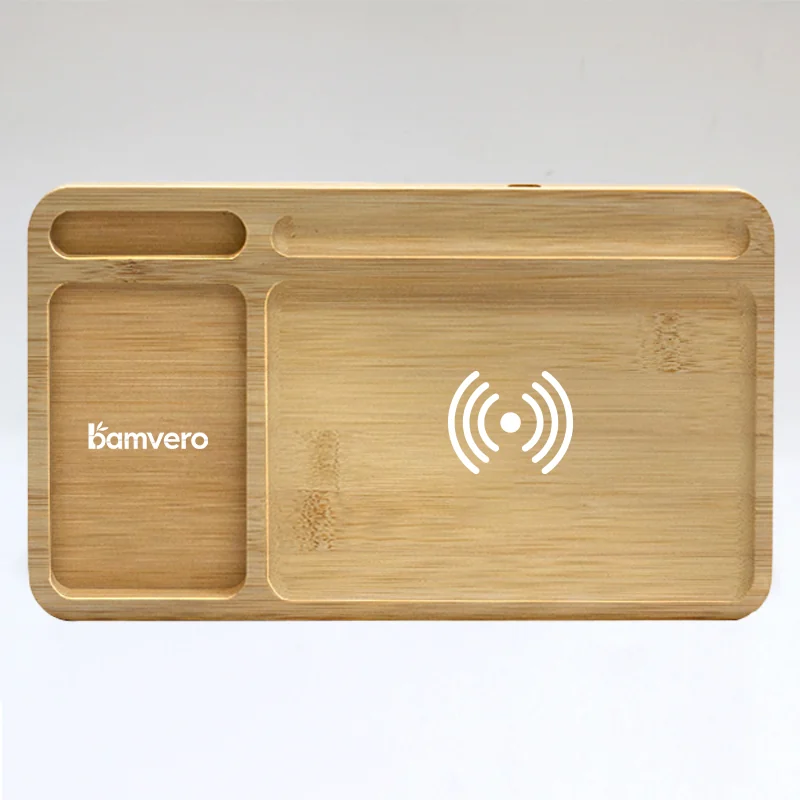W119 Bamboo Wireless Charging Desk Organizer top storage layout