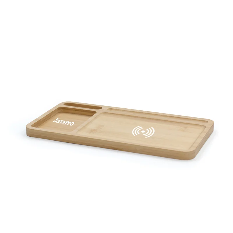 W119 Bamboo Wireless Charging Desk Organizer angled desk tray view