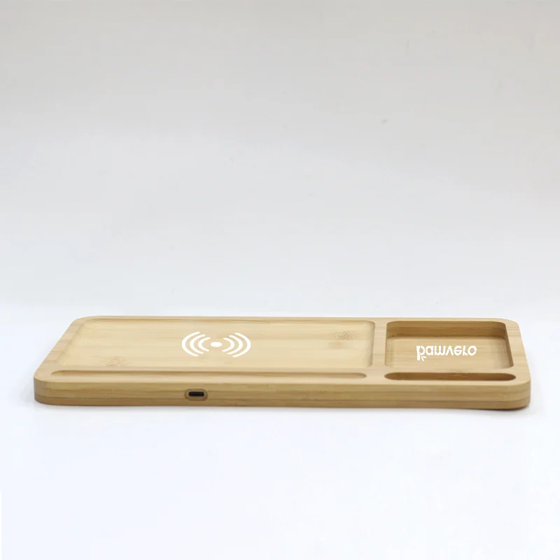 W119 Bamboo Wireless Charging Desk Organizer front edge charging port view
